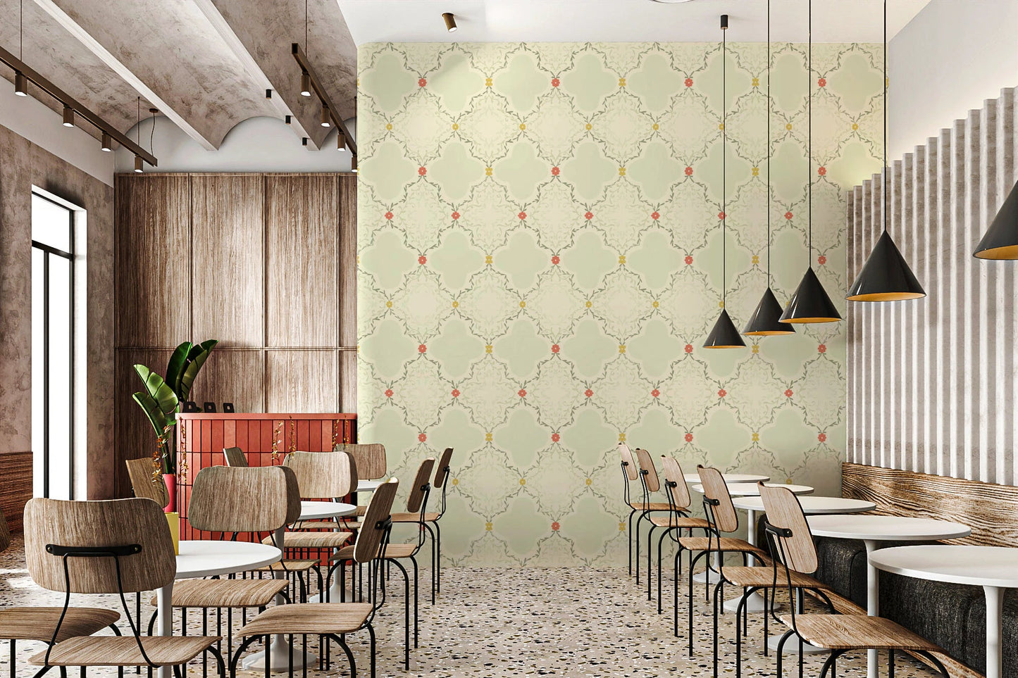 Pastel green Quatrefoil Vines Wallpaper for a nursery or children's room.