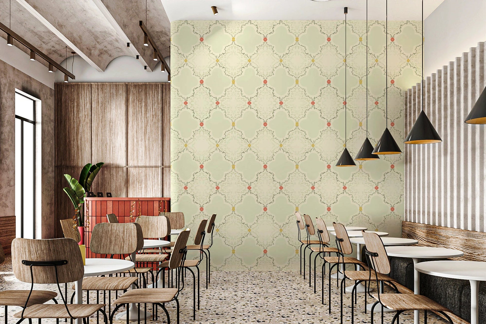 Pastel green Quatrefoil Vines Wallpaper for a nursery or children's room.