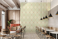 Pastel green Quatrefoil Vines Wallpaper for a nursery or children's room.