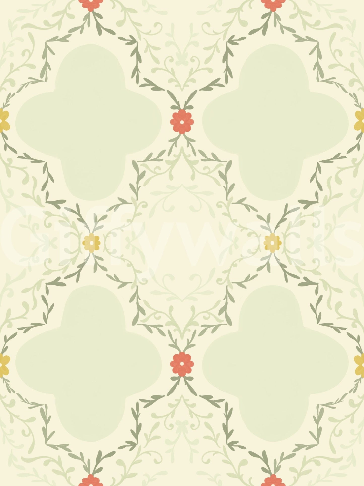 Quatrefoil Vines Wallpaper used as a sophisticated backdrop in a hallway.