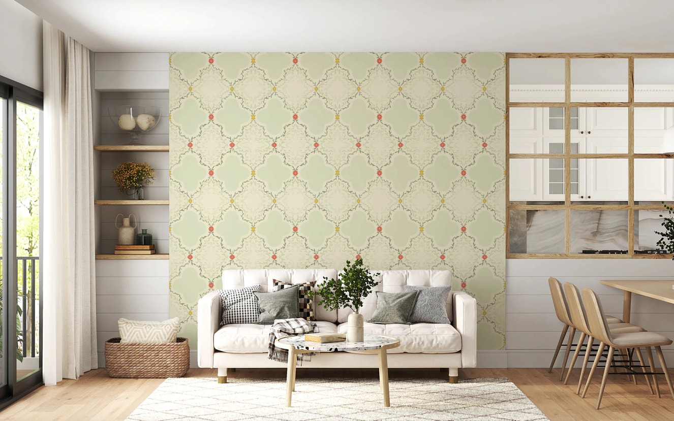 Quatrefoil Vines Wallpaper with green leaf patterns for a serene bedroom wall.
