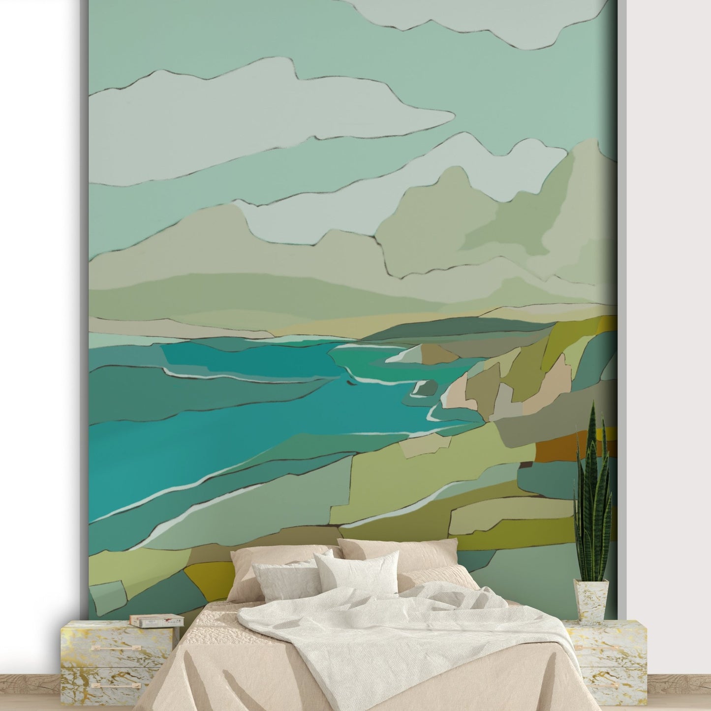 Muted blue and sandy coastal mural wallpaper

