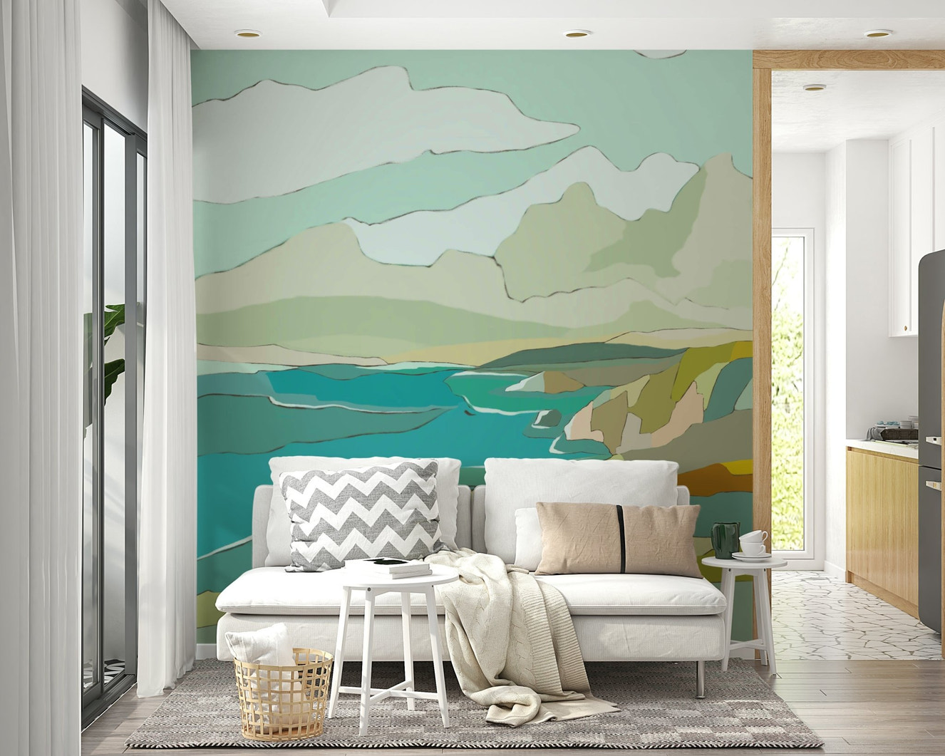 Quiet Coastline wall mural on living room wall

