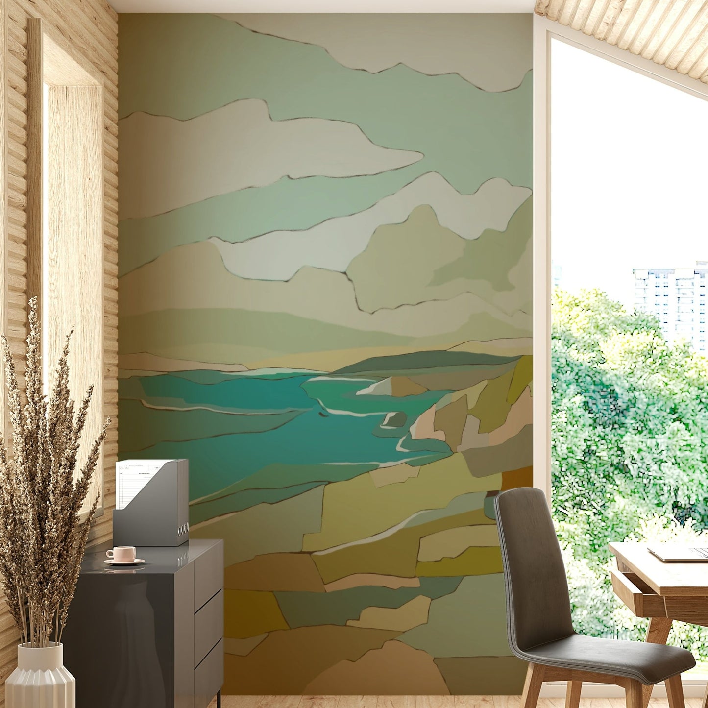 Bathroom with coastal wall mural wallpaper

