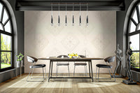 Living room accent with soft diamond wallpaper

