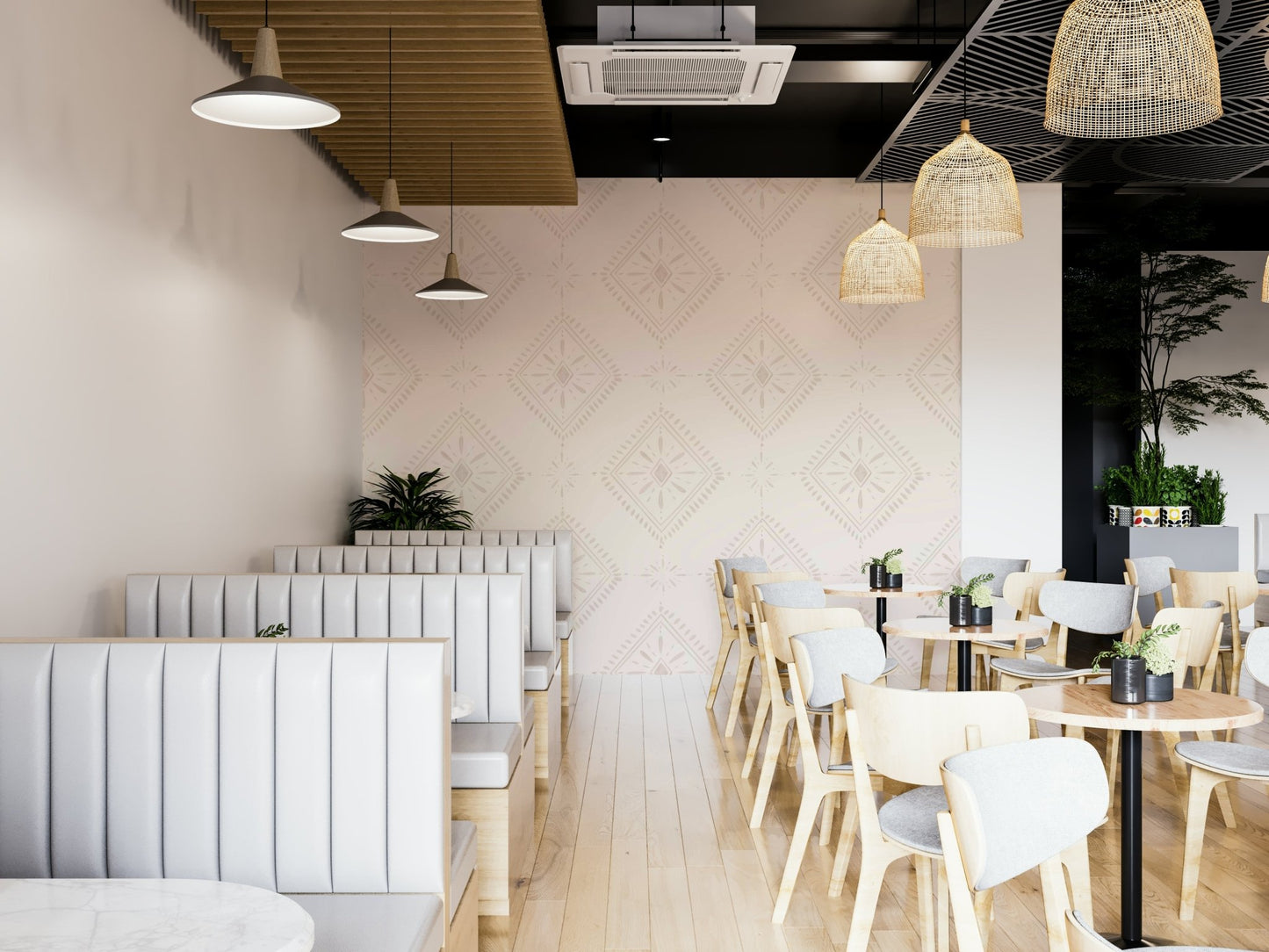 Office wall with calm diamond pattern wallpaper

