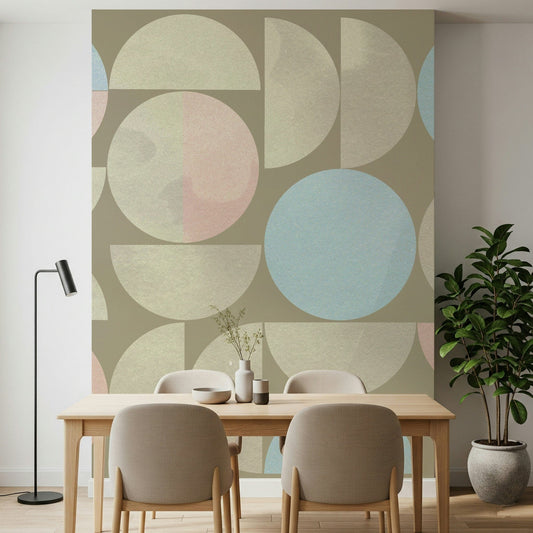 Muted circles give this dining room a Quiet Geometry wall mural with calm rhythm