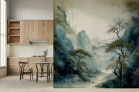 Bedroom accent wall using the serene Quiet River Valley Wall Mural design.