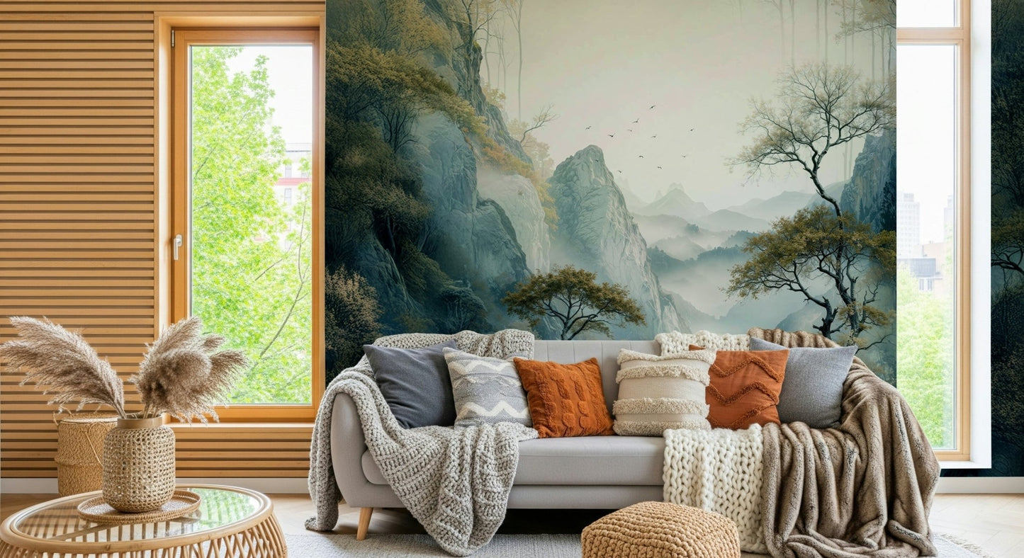 Shades of blue and green defining the Quiet River Valley Wall Mural palette.