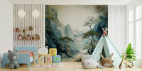 Nursery decor using the soothing nature of the Quiet River Valley Wall Mural.