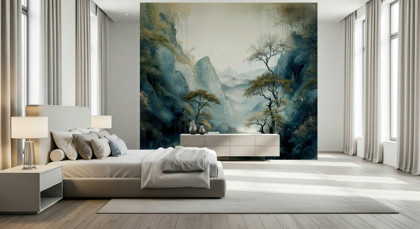 Mist-covered river landscape depicted in the Quiet River Valley Wall Mural.