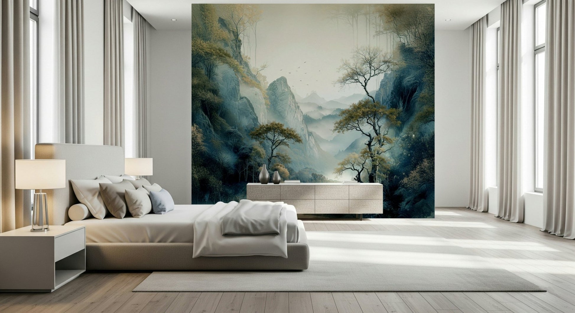 Mist-covered river landscape depicted in the Quiet River Valley Wall Mural.