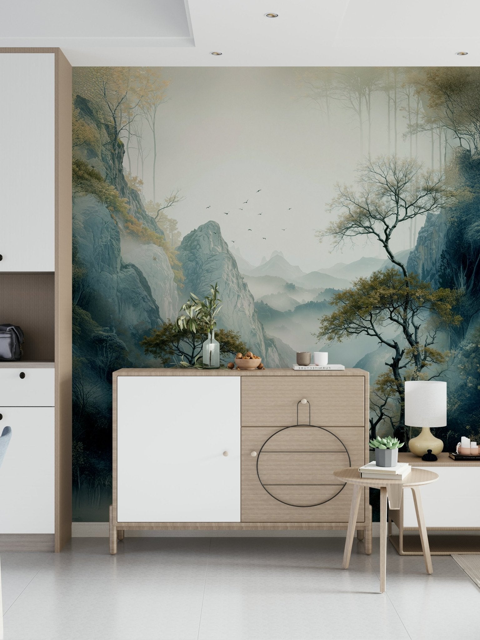 Home office space enhanced by the tranquil Quiet River Valley Wall Mural scene.