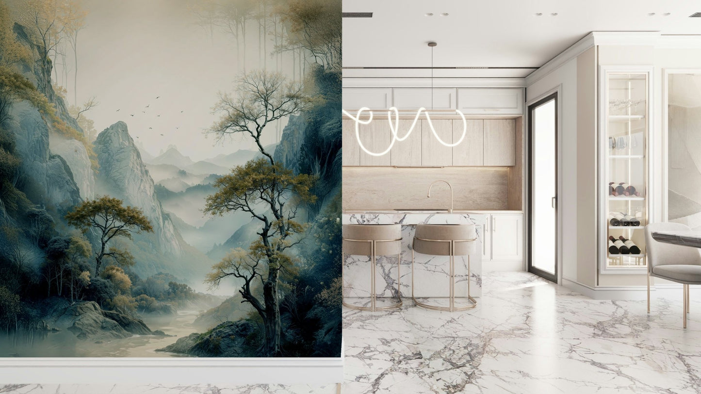 Artistic render of the Quiet River Valley Wall Mural in a sophisticated dining area.