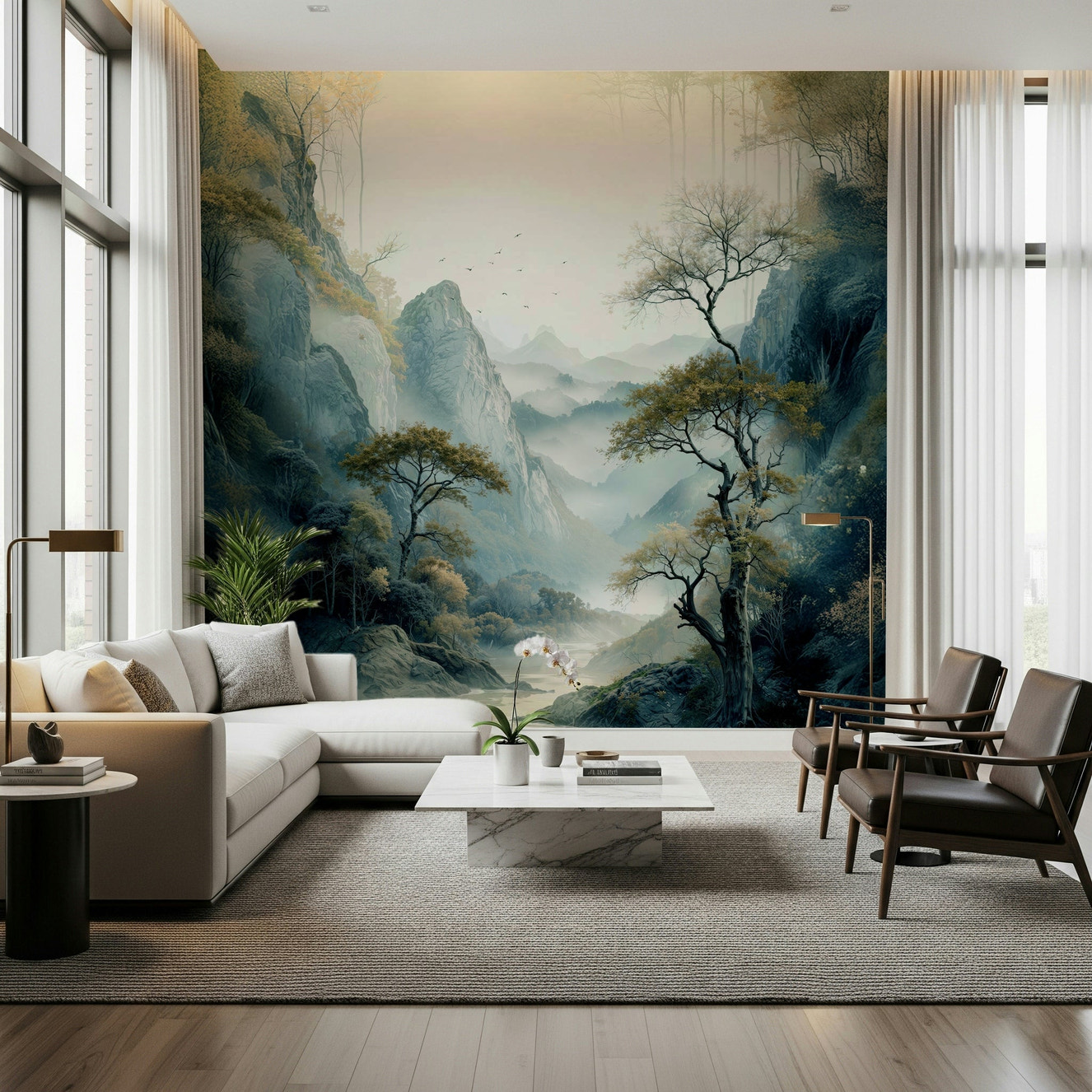 Modern living room featuring the peaceful Quiet River Valley Wall Mural.