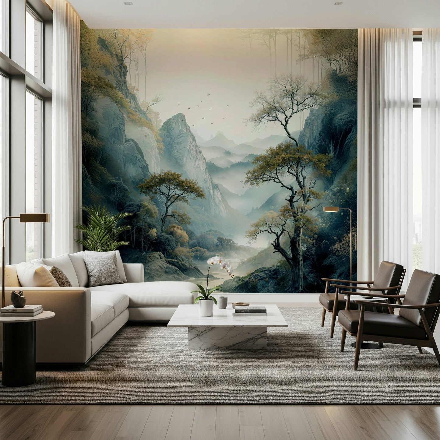 Modern living room featuring the peaceful Quiet River Valley Wall Mural.