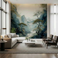Modern living room featuring the peaceful Quiet River Valley Wall Mural.