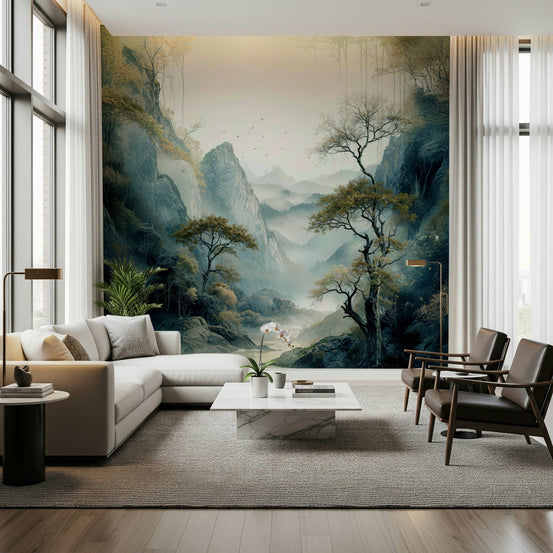 Modern living room featuring the peaceful Quiet River Valley Wall Mural., GD6316