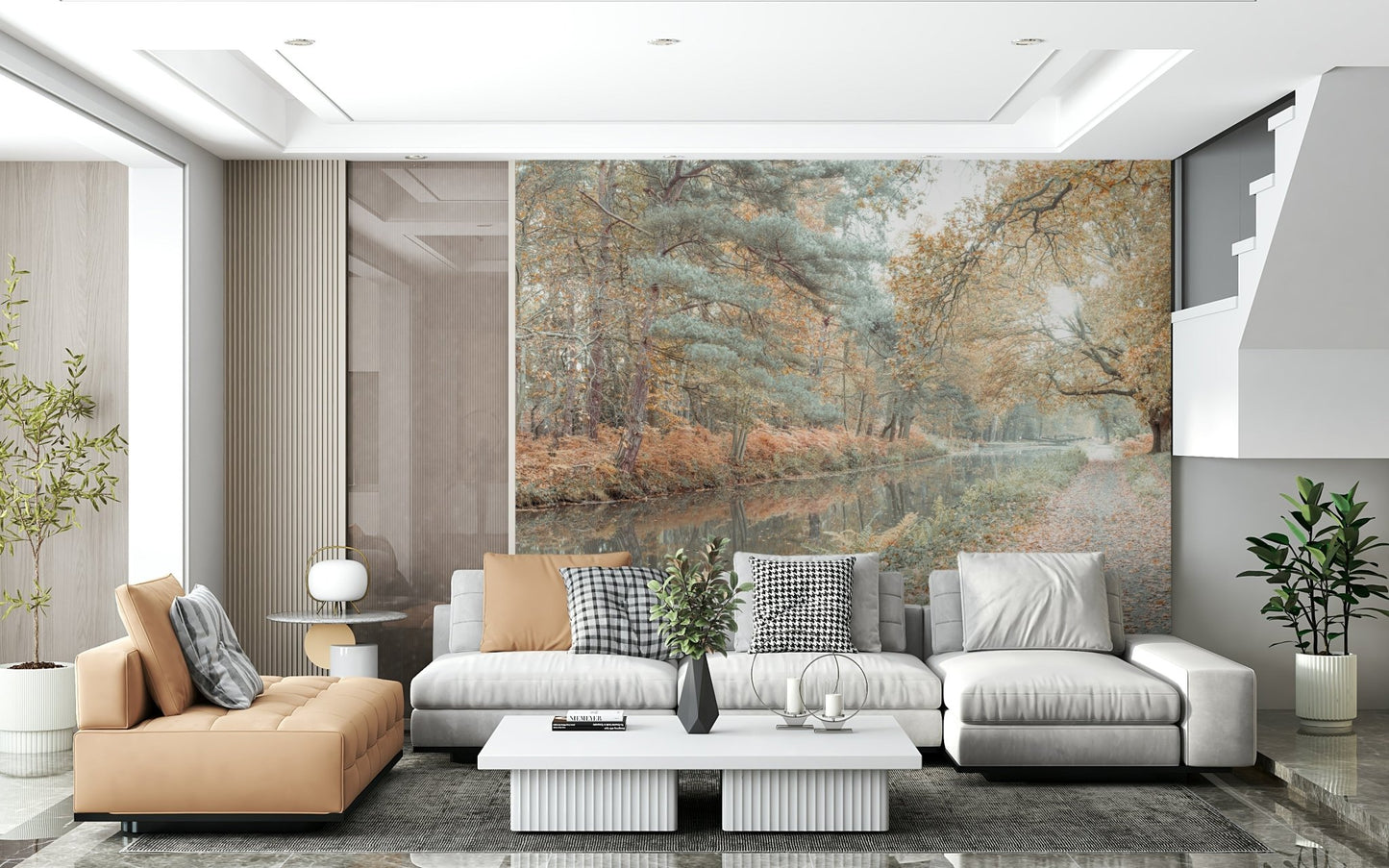 Autumnal trees Quiet Waters Wall Mural along waterway.