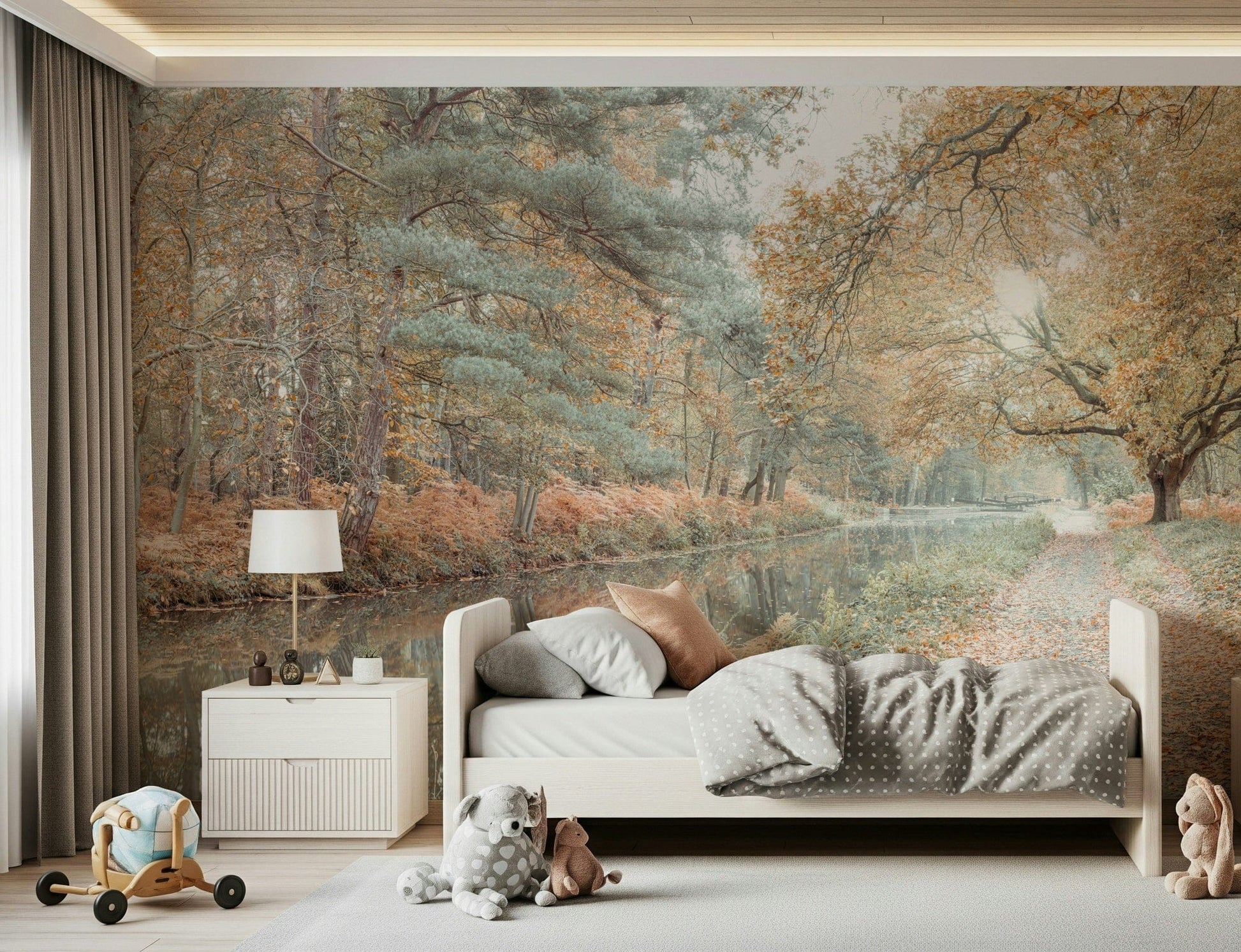 Wooded banks Quiet Waters Wall Mural with still water.