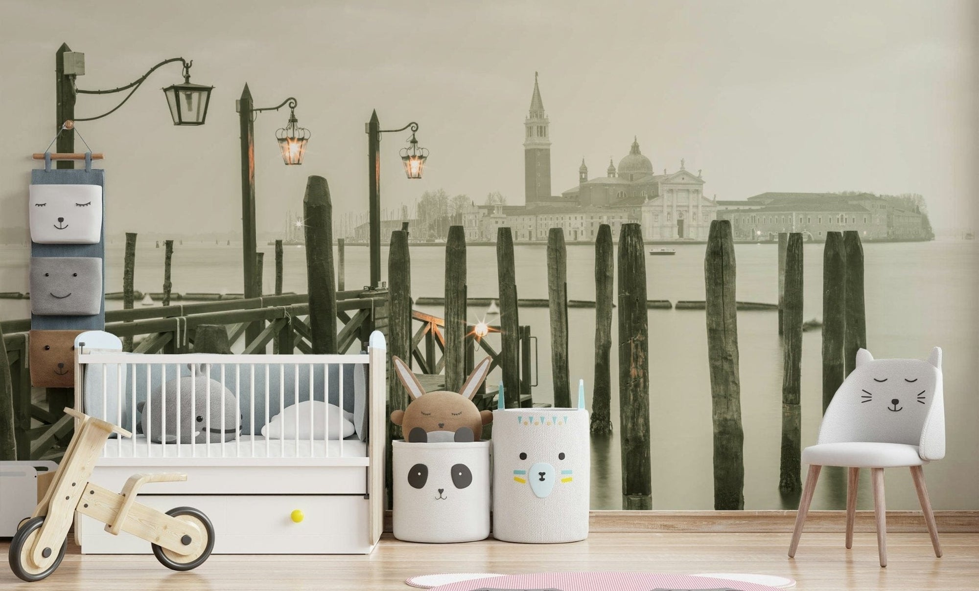 Quiet waterside wall mural with Venetian pier and reflections GD7292
