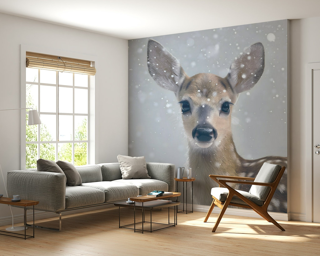 A beautiful subtle winter fawn wallpaper mural with graceful deer and snowy trees.