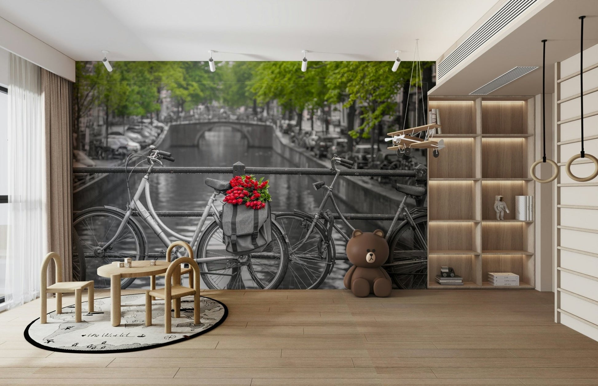 A close-up of the charming bicycle and colorful tulips against a monochrome background.

