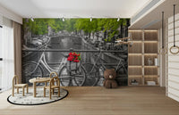 A close-up of the charming bicycle and colorful tulips against a monochrome background.

