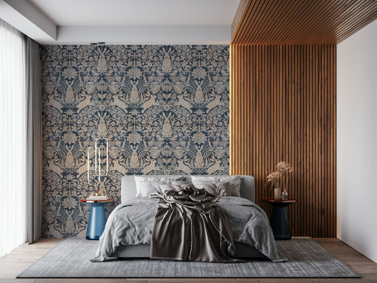 A beautiful whimsical rabbit meadow wallpaper mural for a child's room.
