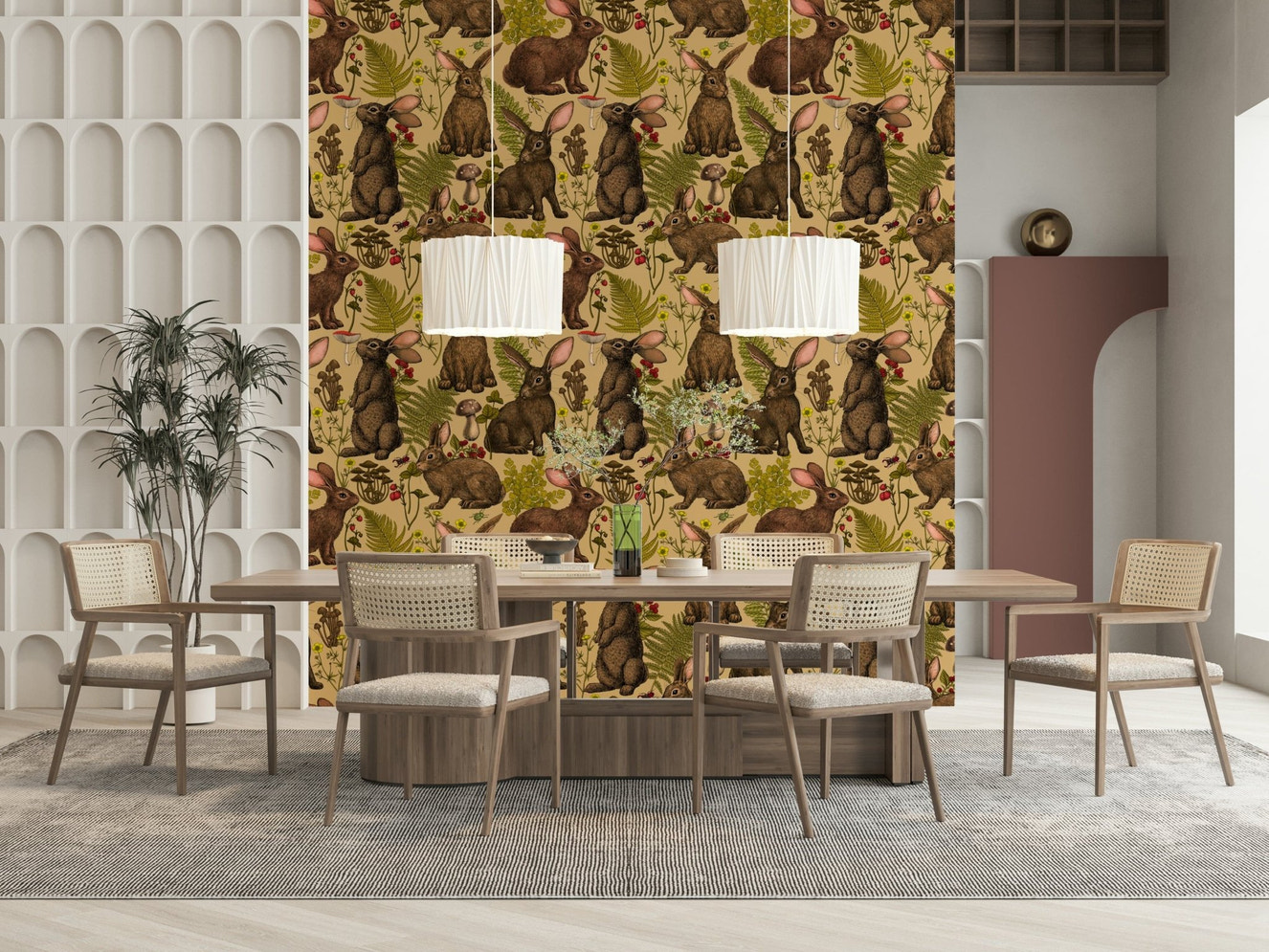 Vintage engraving style rabbits on the Rabbits and woodland flora Wallpaper.