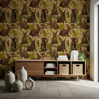 Charming animals and botanical print of the Rabbits and woodland flora Wallpaper.