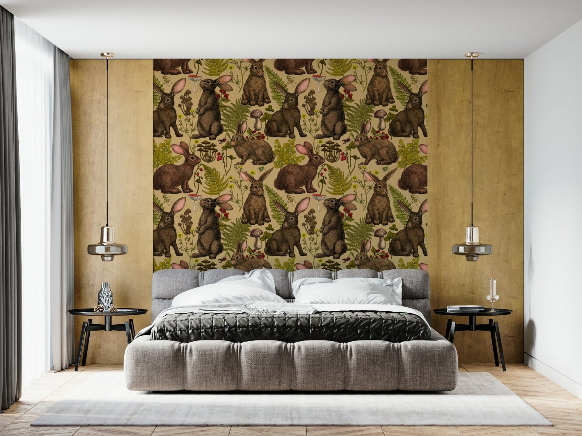 Rabbits and woodland flora Wallpaper in a rustic country kitchen., GD6213