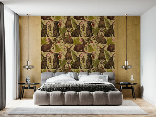 Rabbits and woodland flora Wallpaper in a rustic country kitchen.