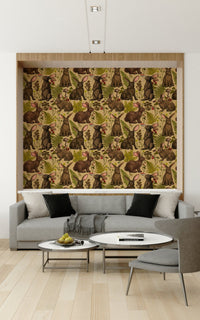 Designer interior decor with the Rabbits and woodland flora Wallpaper print.