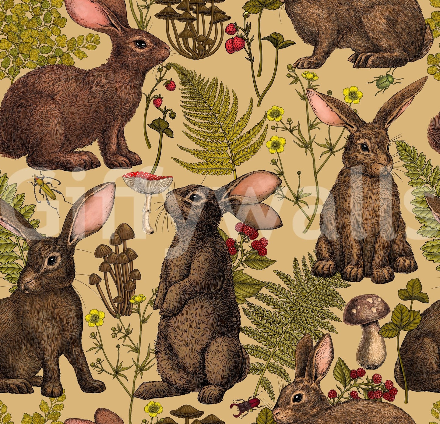 Traditional style home decor with the Rabbits and woodland flora Wallpaper.