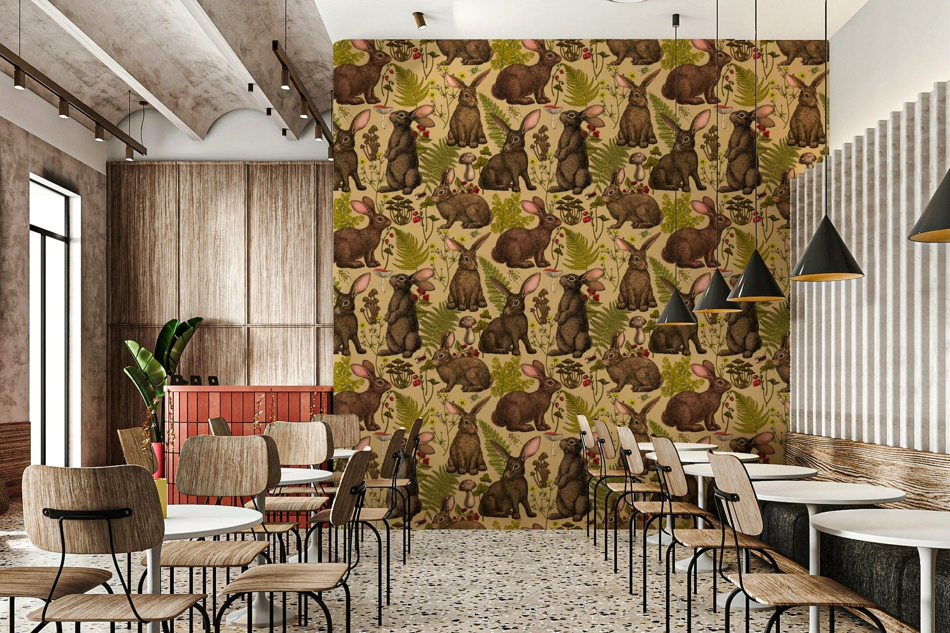 Detailed ferns and mushrooms on the Rabbits and woodland flora Wallpaper mural.
