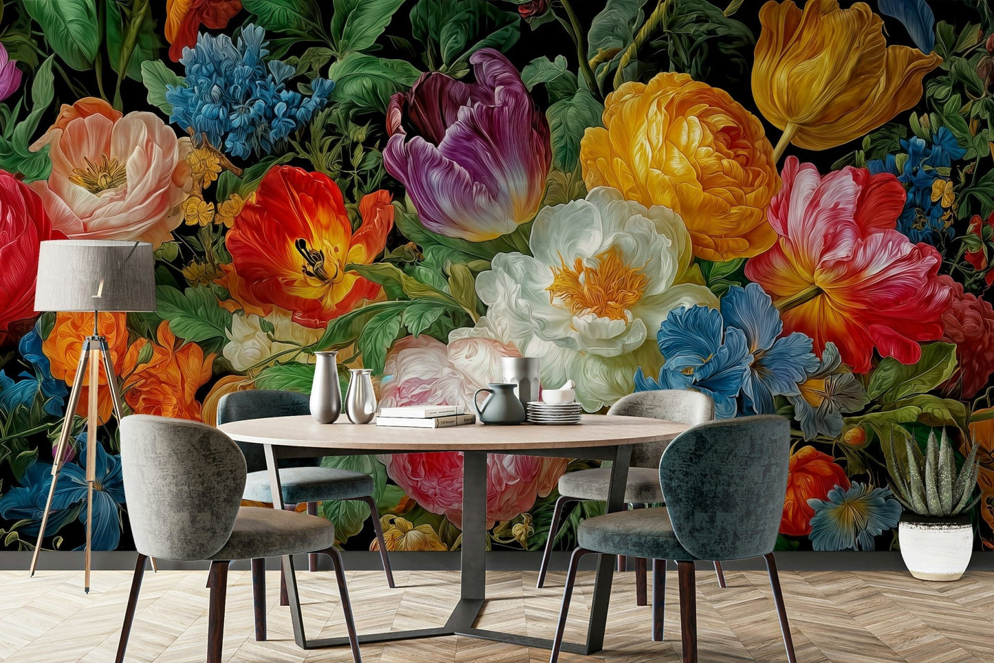 A calming colorful flower wallpaper mural that defines a space.

