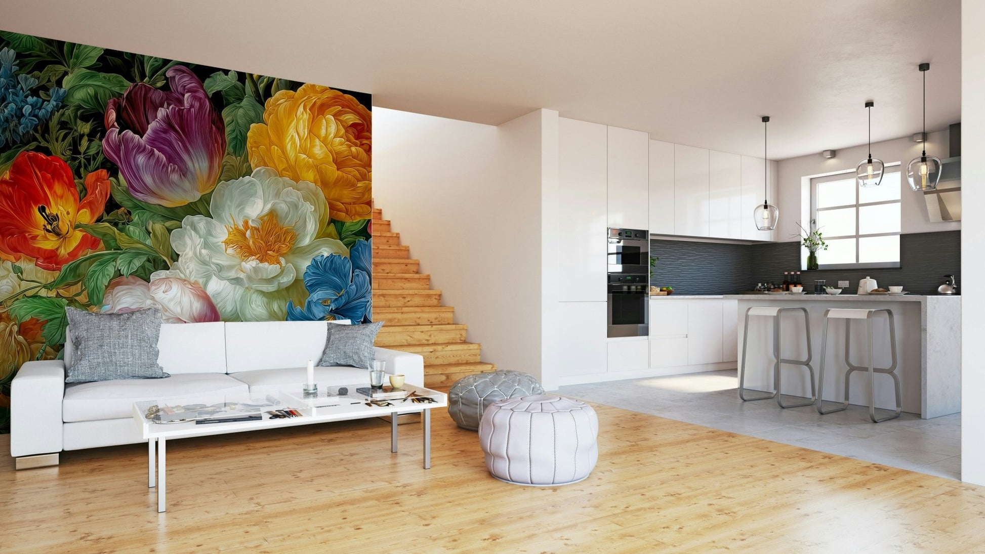 A graceful dark floral wall mural in rich, dramatic tones.

