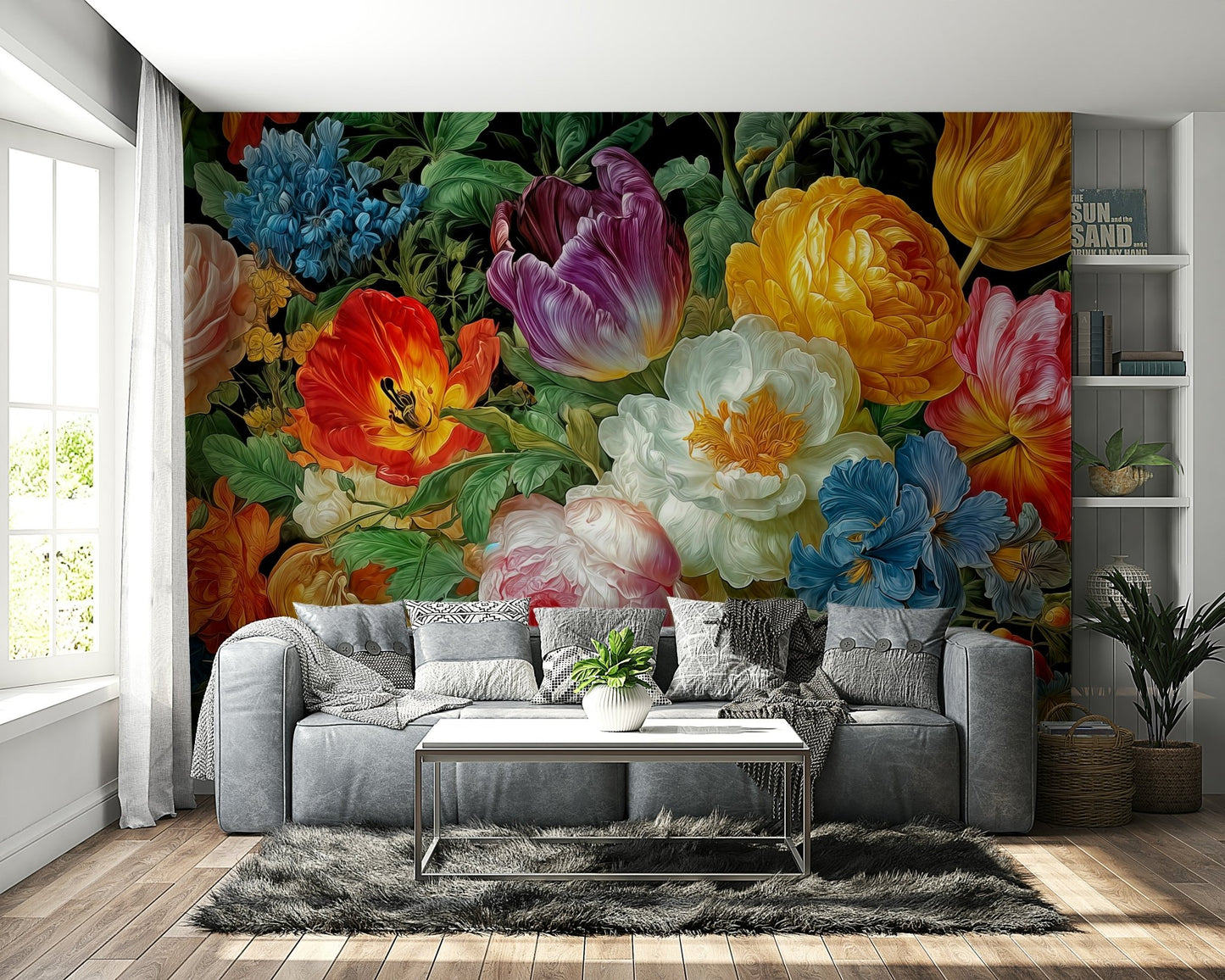A beautiful Dutch Masters wallpaper mural with vibrant flowers.

