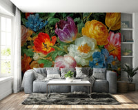 A beautiful Dutch Masters wallpaper mural with vibrant flowers.

