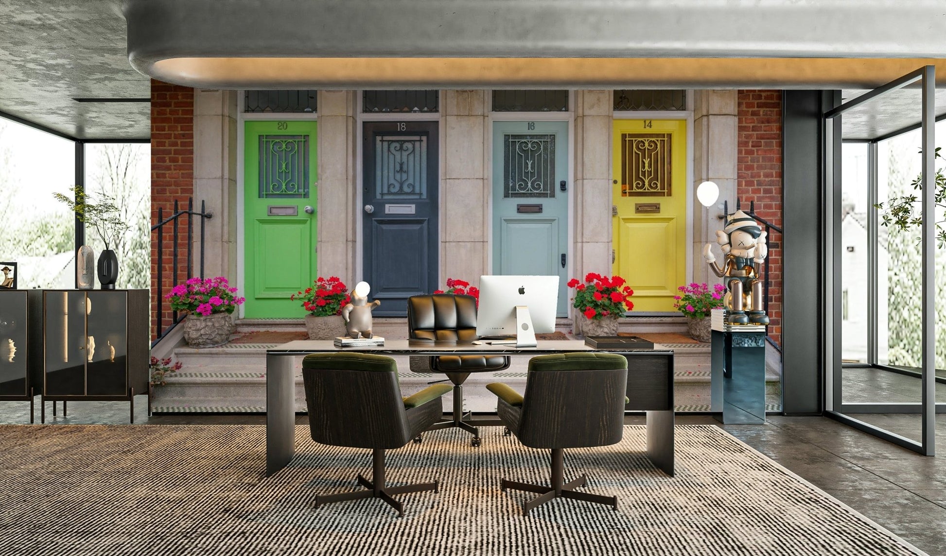 Colorful door mural with rustic charm

