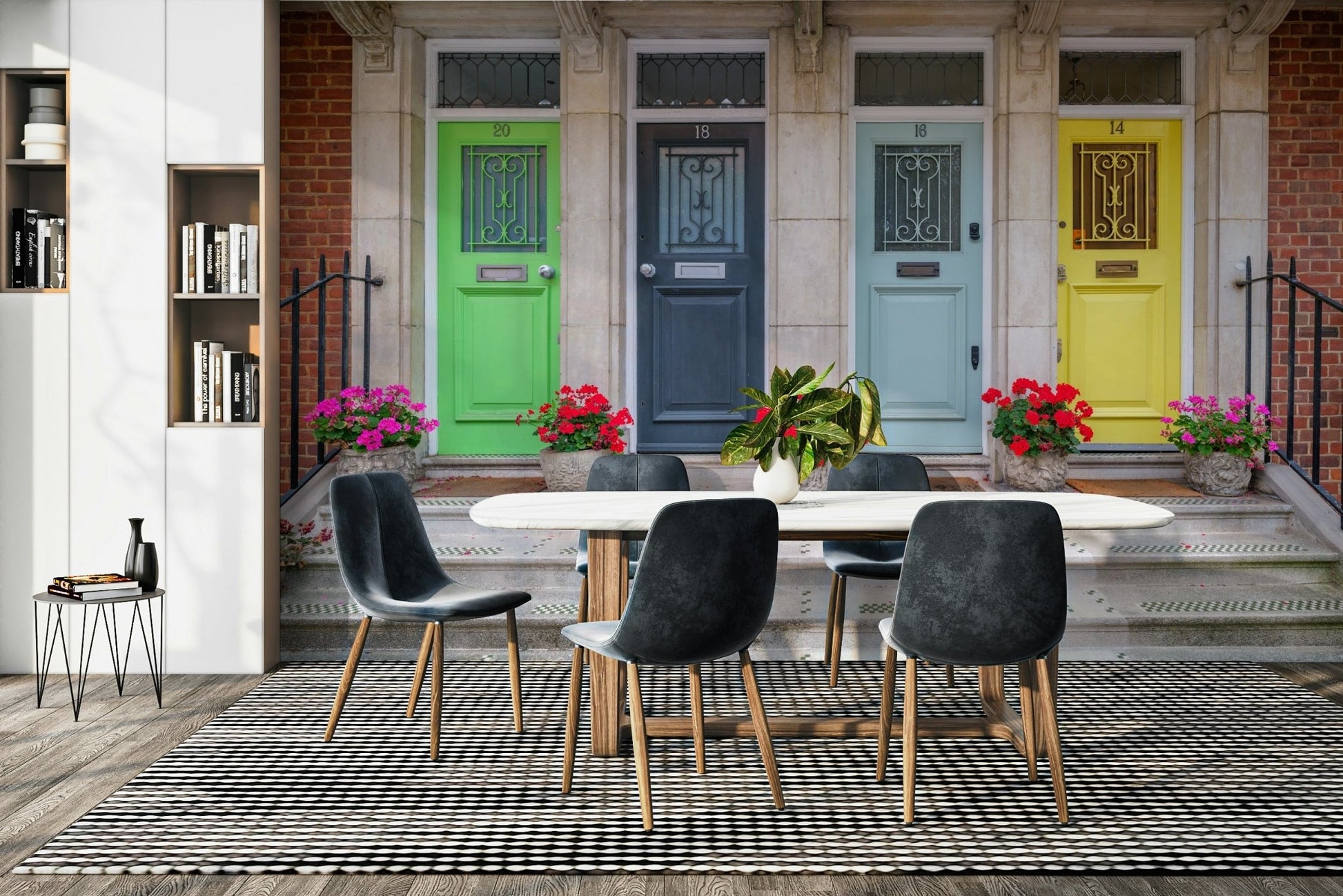 Street view mural with radiant doors


