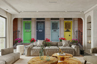 Old door facade mural with vibrant tones

