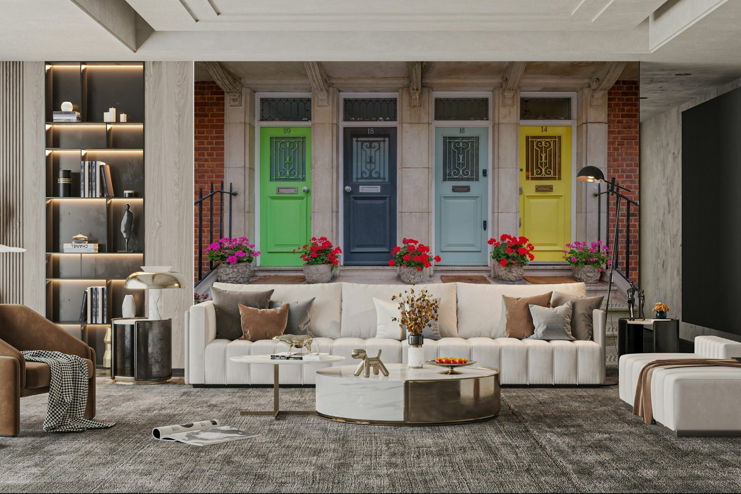 Vintage building mural with bold doors

