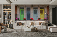 Vintage building mural with bold doors

