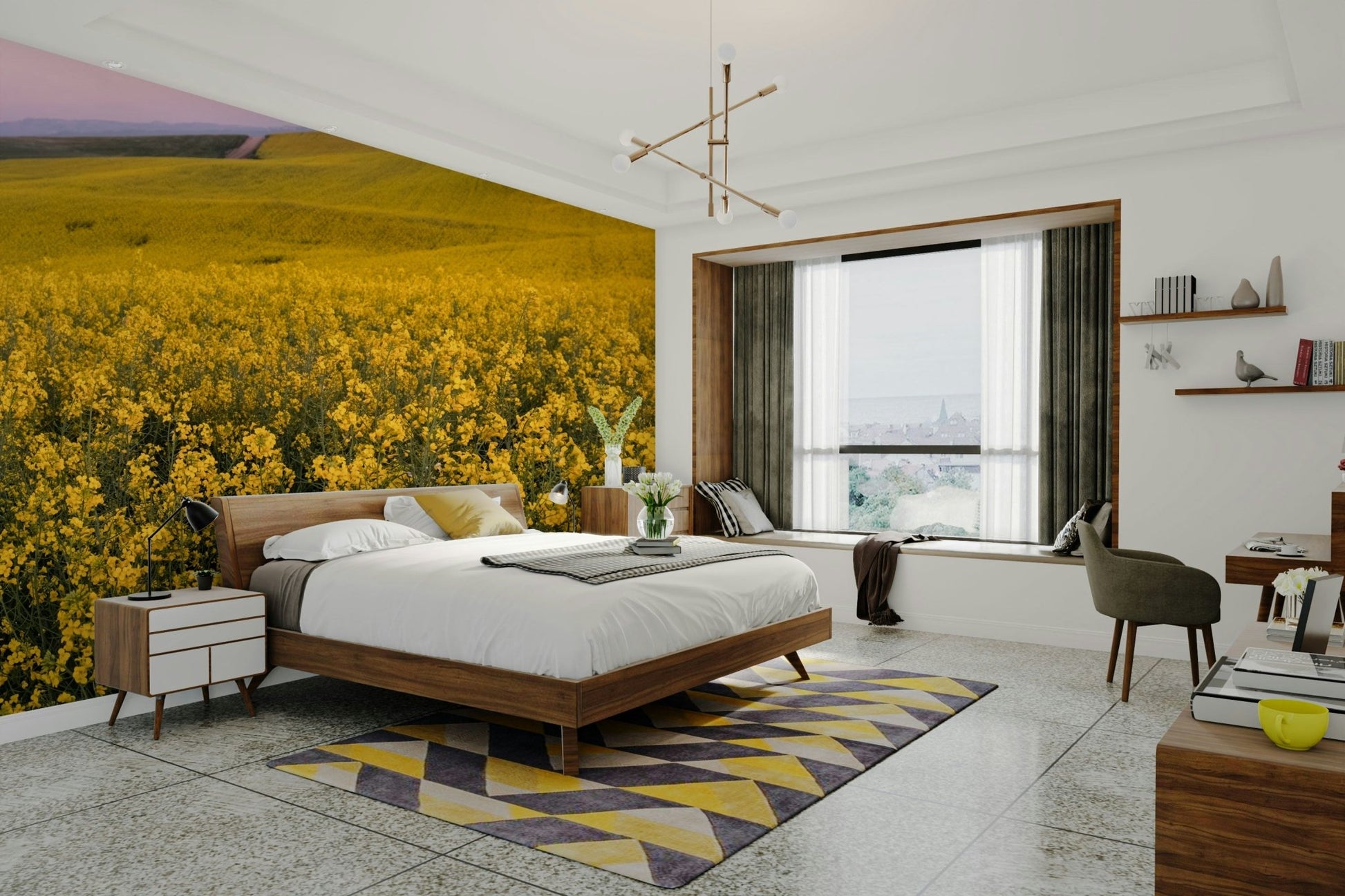 The color palette is composed of brilliant yellows, various shades of green, and soft sky tones.
