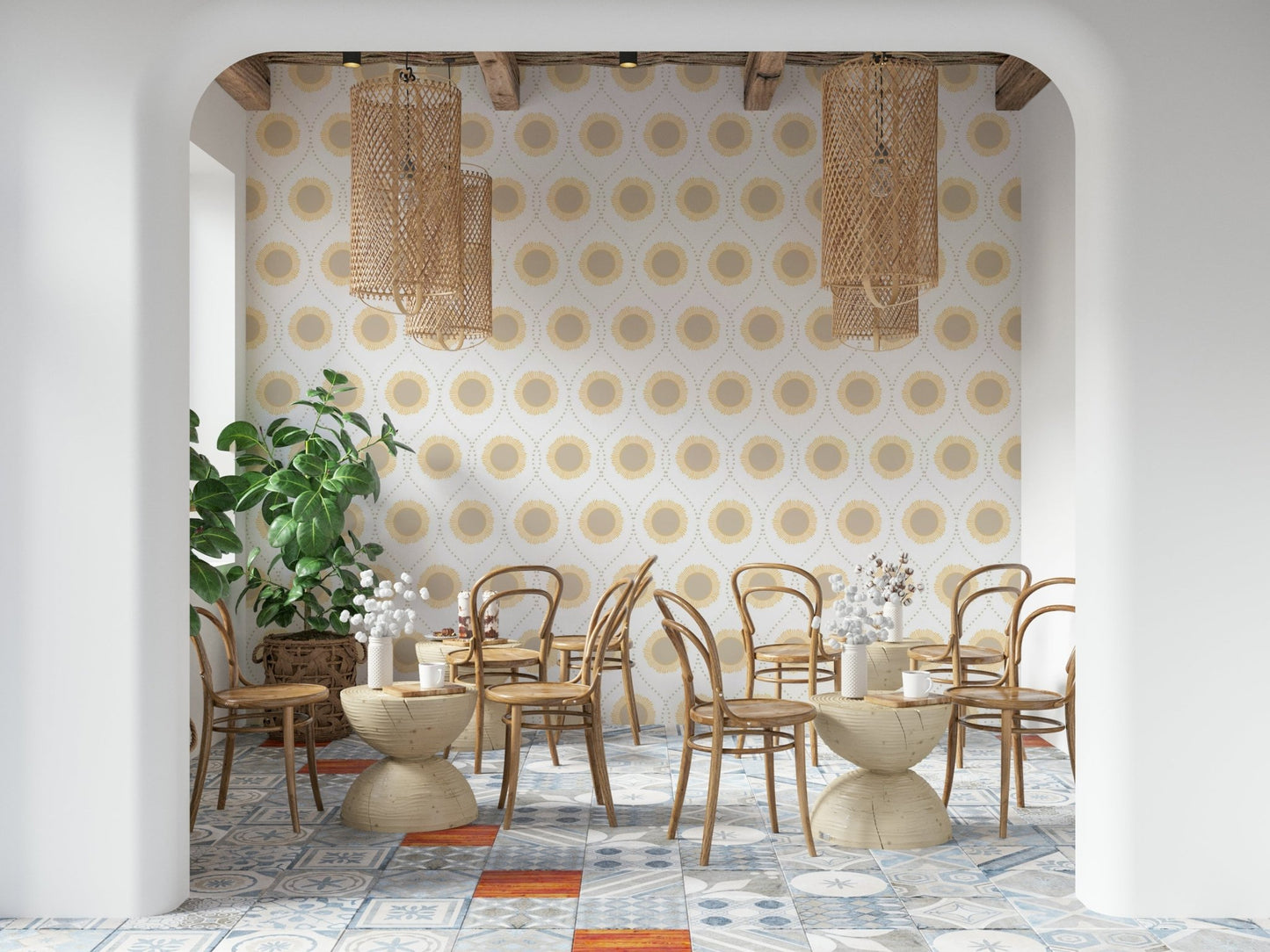 Repeating sun circle motif on Radiant Sunburst Pattern Wallpaper print.