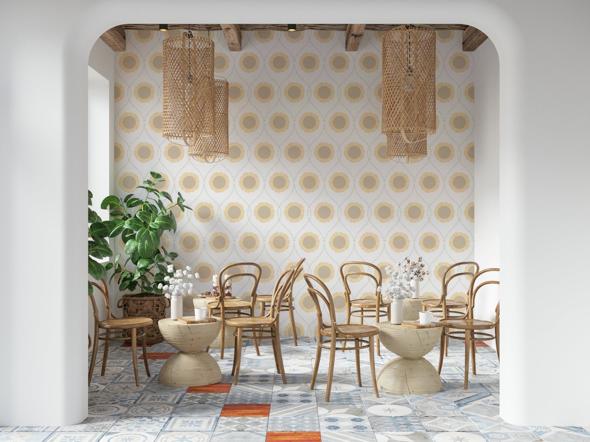Repeating sun circle motif on Radiant Sunburst Pattern Wallpaper print.