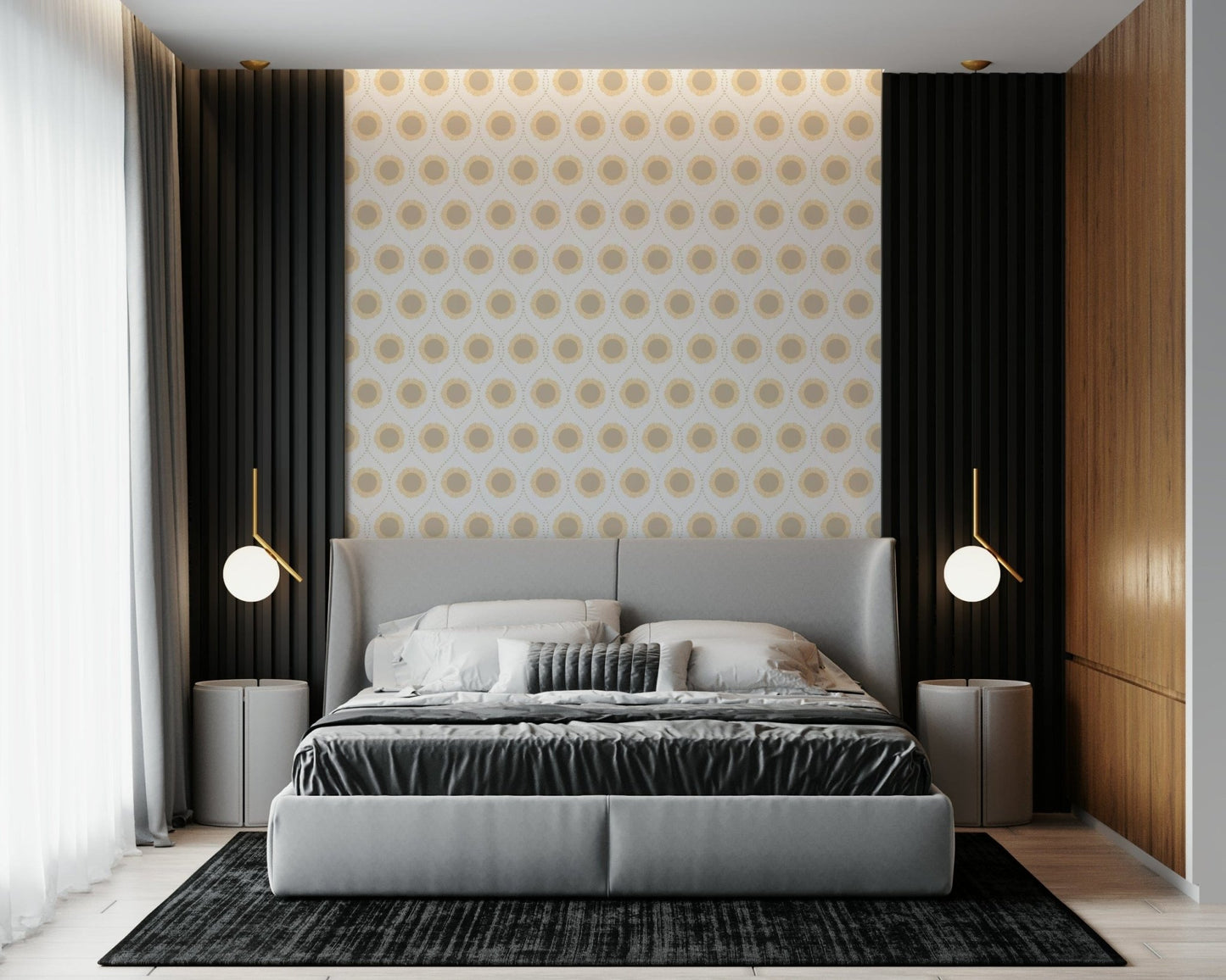 Radiant Sunburst Pattern Wallpaper accent wall for a peaceful bedroom.