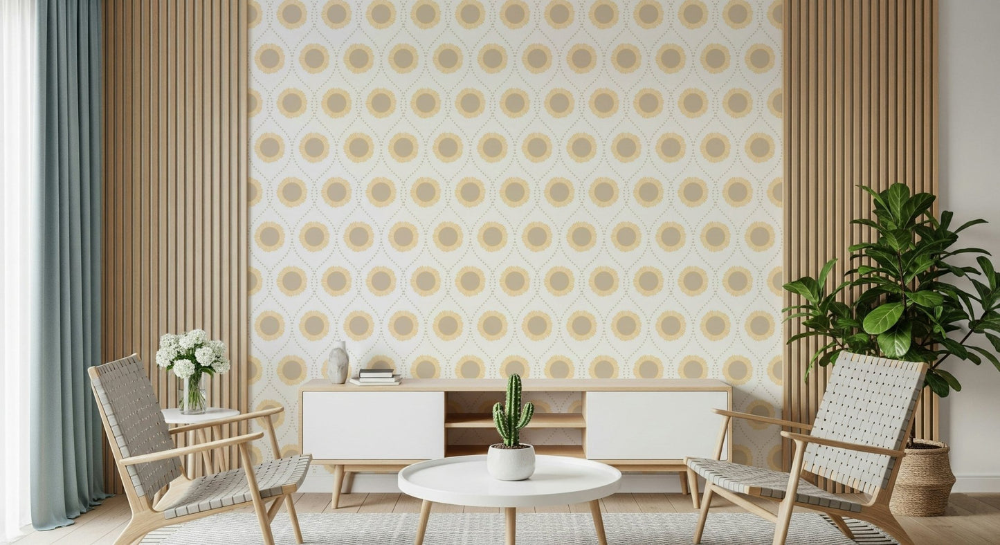 Radiant Sunburst Pattern Wallpaper behind a comfortable seating area.